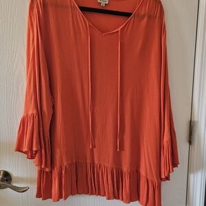 Daniel Cremieux Orange Crinkle V-Neck Tunic with Ruffle Hem